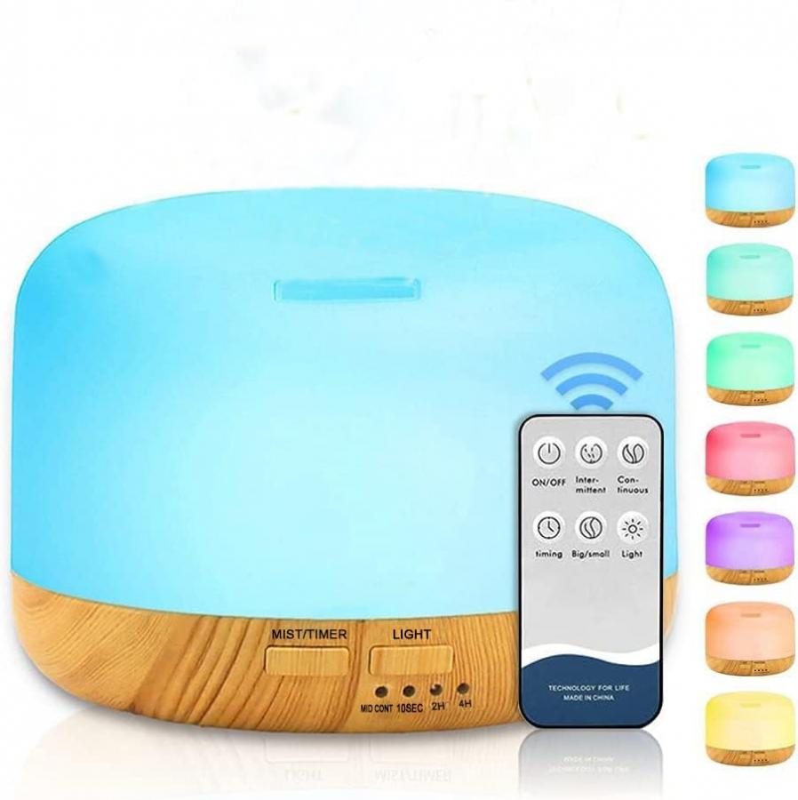 Diffusore di Oli Essenziali, 300ml, Umidificatore Ultrasonico con 7 Luci LED, Telecomando, Timer 4-6 Ore