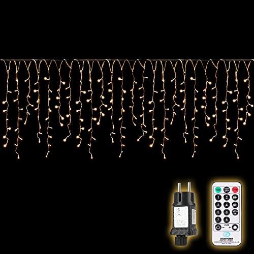 SALCAR 5m Cascata Luci da Esterno, 200 LED Luci Natale Tenda con Telecomando, Impermeabile 8 Modalità Catene Luminose Decorazione per Nataliazie Interno Casa Feste Finestra Giardino, Bianco Caldo