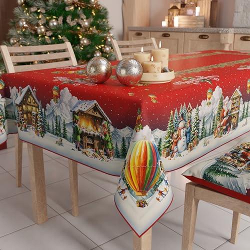 PETTI Artigiani Italiani - Tovaglia Natalizia Antimacchia Rettangolare Copritavolo Natalizio Cucina Disegno Villaggio di Babbo Natale X6 Posti (140x180 cm) 100% Made in Italy