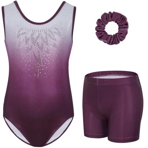 Gogokids - Set da ginnastica a tre pezzi per ragazze, body senza maniche con pantaloncini e fascia, vestito da ginnastica con design a colori scintillanti sfumati, età 3-12 anni, 140(130-140 cm,9-10Y)