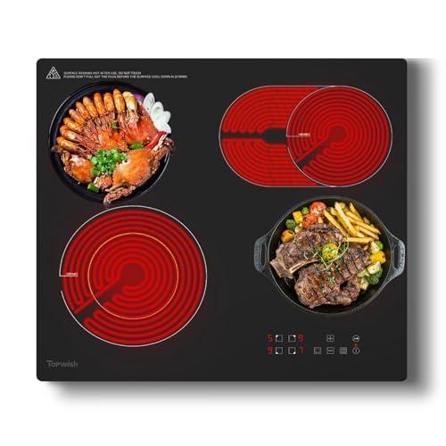 Topwish piano cottura vetroceramica,piastra vetroceramica 4 fuochi, piano cottura elettrico,piano vetroceramic 60cm,doppia zona,zona ovale,blocco di sicurezza,protezione da surriscaldamento,6600W