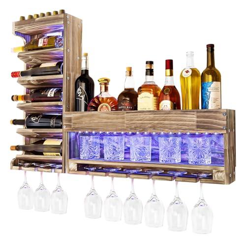 Yorbay Portabottiglie con Luce LED Pallet in Legno Fiammato, Bar a Parete con Porta Sugheri, per Bicchieri da Vino, Bicchieri da Whisky, Porta Bottiglie Casa Bar, Vintage, Regalo