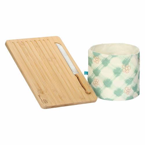THUN - Set tagliere in legno e sacchetto porta pane Bloomia, Acciaio inossidabile, 100%cotone, Collezione Giardino primavera, Tagliere 35 x 25 x 5cm, coltello 28 x 2.5 x 1.5 cm, cestino Ø 20 x 17 cm h