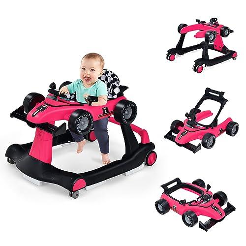 COSTWAY Girello per Bambini 4 in 1, Girello Pieghevole con Altezza e Velocità Regolabili, Carillon con Luci, Volante, Primi Passi per Bambini 6-18 Mesi, Portata 15 kg (Profondo Rosso)