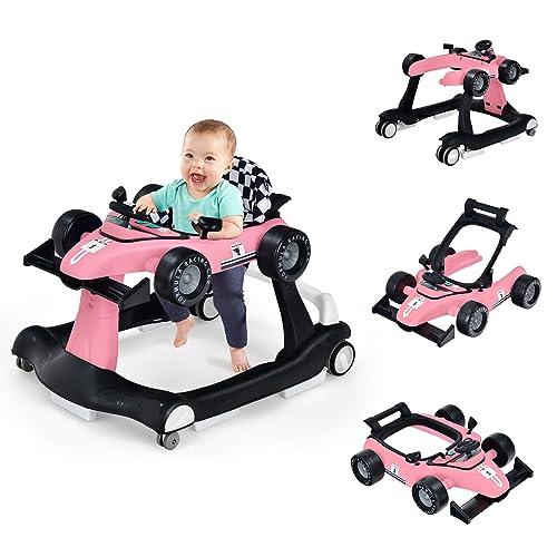 COSTWAY Girello per Bambini 4 in 1, Girello Pieghevole con Altezza e Velocità Regolabili, Carillon con Luci, Volante, Primi Passi per Bambini 6-18 Mesi, Portata 12 kg (Rosa)