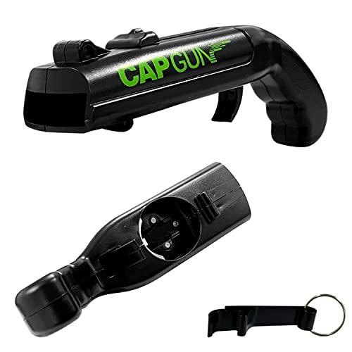 1 pistola apribottiglie da birra con 1 cavatappi in metallo nero, cavatappi per birra a espulsione a pistola, raggio di tiro oltre 5 metri, adatto per feste, bar.
