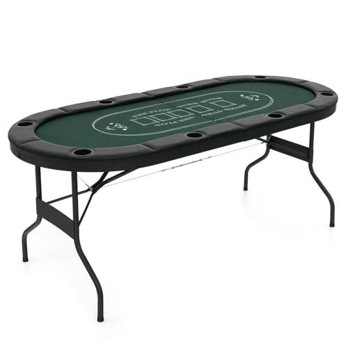 COSTWAY Tavolo da Poker Pieghevole 182 cm per 8 Giocatori, Tavolo da Gioco Ovalo con Supporti per Bicchieri, Rivestimenti Imbottiti, per Blackjack, Texas Hold’em, Giochi da Casinò (Verde)