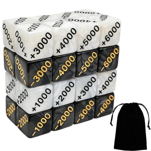 Set di dadi da 32 pezzi, 16 positivi (+1000 a +6000) e 16 negativi (da -1000 a -6000), finitura marmorizzata di alta qualità, compatibili con giochi di carte One Piece TCG, MTG e Allen
