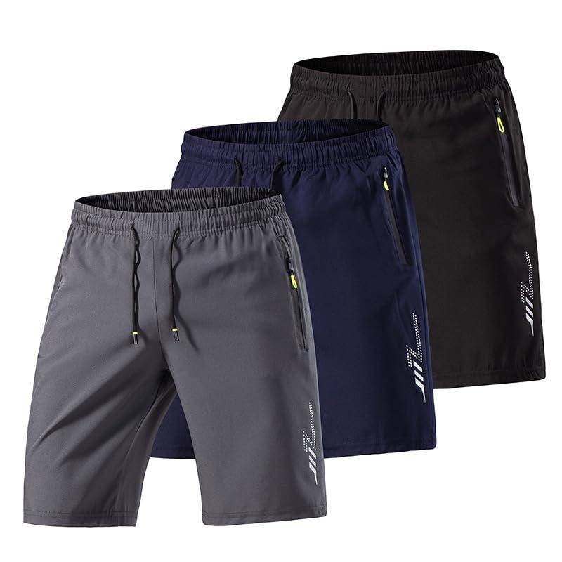 3 paia di pantaloncini atletici da uomo, pantaloncini da palestra ad asciugatura rapida e leggeri con tasche con cerniera, traspiranti in Ice Silk, L