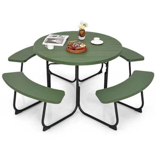 COSTWAY Set Tavolo e Panche da Picnic a 8 Posti, Tavolo da Picnic Rotondo con Foro per Ombrellone, Set Mobile da Campeggio con Gambe in Metallo, per Giardino, Cortile, Campeggio (Verde)