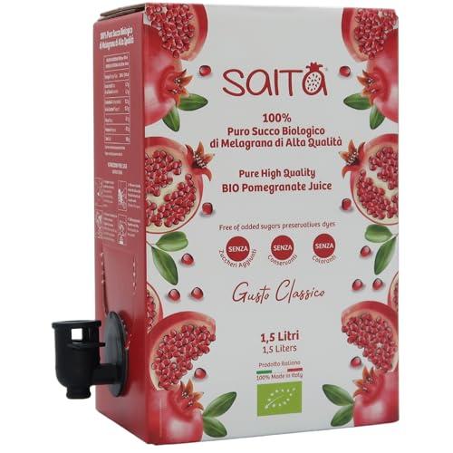 Saita Succo di Melograno 100% Puro Biologico, Succo di Frutta Senza Zuccheri Aggiunti, Vitamina C Naturale, Vegan Superfood Detox, Bag in Box 1,5 l, Classico, Made in Italy