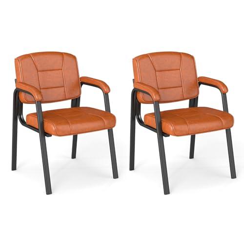 COSTWAY Set di 2 Sedie da Ufficio, Sedia per Sala d'Attesa con Struttura in Metallo, Braccioli Imbottiti, Sedia da Ospiti per Ufficio Riunioni, Portata 180kg (Marrone)