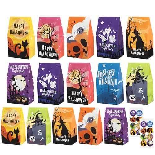 YORFULL Sacchetti Regalo di Halloween, 16 Pezzi Sacchetti di Carta per Caramelle, Piccoli Sacchetti per Caramelle con Adesivi, Sacchetti Regalo per Halloween Dolcetto o Scherzetto
