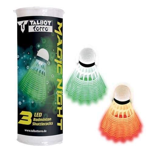 Talbot-Torro Volani da Badminton Magic Night, Volani di Piume di Plastica con Luce a LED, Autonomia 48 Ore, Pachetto 3 Pezzi, Bianco e Giallo, per Interni, Esterni e al Buio, 479123