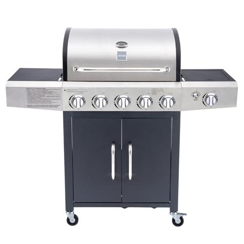 Arsard Barbecue a Gas Professionale XXL Con 6 Fuochi Multifunzione Da 19 KW, Completo Di Bruciatore Laterale, Coperchio, Termometro, Griglia In Ghisa, Ruote, Portabombola E Struttura In Acciaio Inox