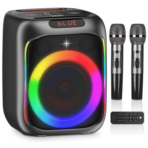 Macchina per karaoke con 2 microfoni wireless, altoparlante Bluetooth portatile da 80 W, altoparlante per feste con luci LED, accoppiamento TWS, supporto per ingresso microfono, USB, AUX, scheda TF
