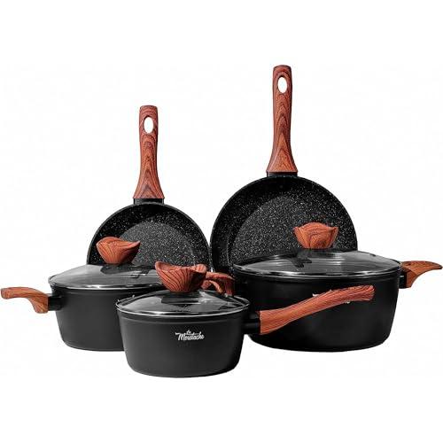 La Moustache - Batteria di Pentole【8 Pezzi】a Induzione in Alluminio con Antiaderente, Set di 3 Casseruola Ø 16/20/24 cm, 3 Coperchi e 2 Padelle Ø 20/24 cm, Manici in Bakelite (Callao)