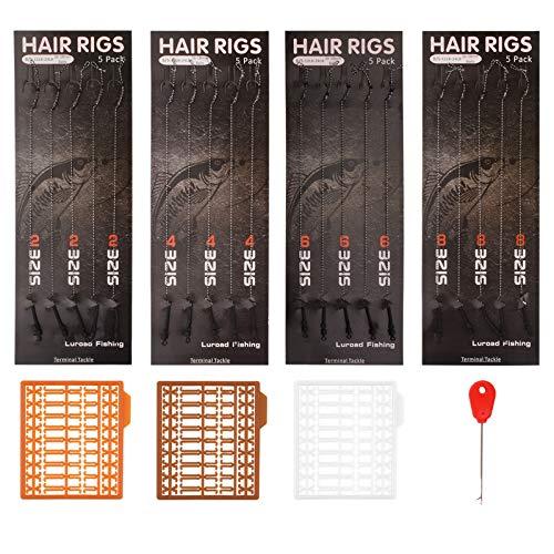 Luroad Carp Fishing Hair Rigs, 20 Pz Curvo Barbless Carp Hook Anti-Tangle Girevole Filo Intrecciato Filo con 3 Card Boilie Bait Stop Dumbell Tappi e Stringer Ago, Dimensione 2 4 6 8
