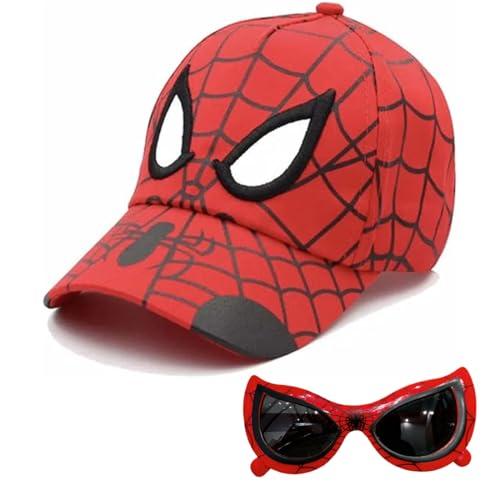 Cappellino Baseball, Berretto Spiderma Bambino, Cappello con Visiera Occhiali da Sole Bambino Cappello Baseball Regolabile Occhiali da Sole Bambini Protezione UV Berretto e Occhiali Gadget, Rosso