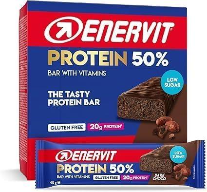 Enervit, Protein Bar 50% Dark Choco, Barrette Proteiche, 20g di Proteine, Low Sugar, con Vitamina D e B6, Gusto Cioccolato Fondente, Per il Recupero Dopo lo Sport, Senza Glutine, 12 Barrette da 40g