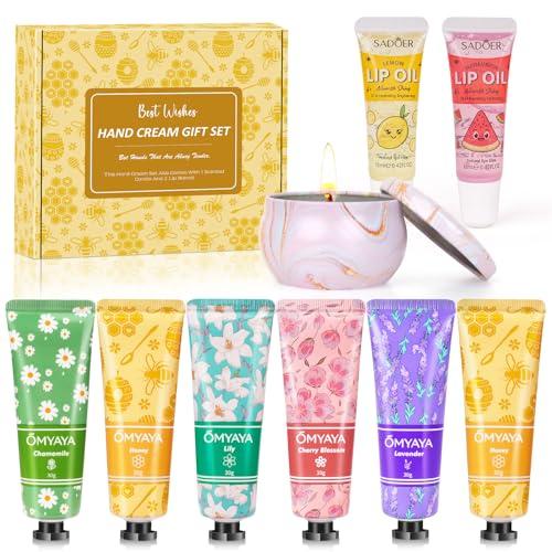 Crema Mani Regalo, 6 Mini Creme Mani Profondamente Idratanti per Donna, Set Regalo Naturale per Pelle Molto Secca, Crema Mani Regalo di Natale, con oli per labbra e candela