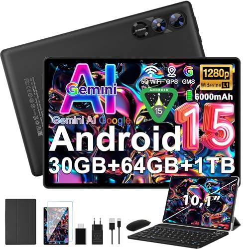 fezawio Android 15 Tablet 10 Pollici Gemini AI, Tablet PC Octa-Core, 30 GO RAM + 64 GO ROM (1TO TF), 3.5mm Audio/GMS/WiFi 6 & BT 5.0 / 6000mAh / GPS/Widevine L1,Tablets con Tastiera e Mouse-nero