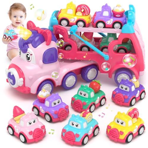 usrela Camion Macchinine 2 3 4 Anni, Bambini Giocattoli 7 in 1 con Suoni e Luci, Compleanno Regalo per Ragazze 1 2 3 Anni, Con 1 Veicoli Camion Trasporto Unicorno, 6 Veicoli Auto Unicorno