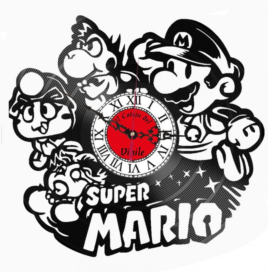 Orologio da Parete in Vinile video game super mario, giochi arcade, infanzia, idea regalo (3.0) (Logo Rosso, Barocco Nero)