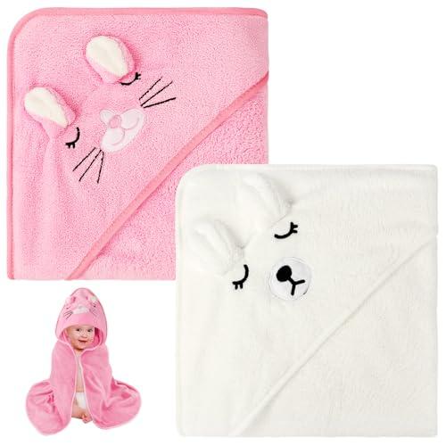 Aolso 2 Pz Asciugamano con cappuccio, 80 x 80 cm Asciugamani da Bagno per Bambini con Cappuccio, Morbidi e Assorbenti, per Neonati e Bambini 0-3 Anni -Bianco/Rosa