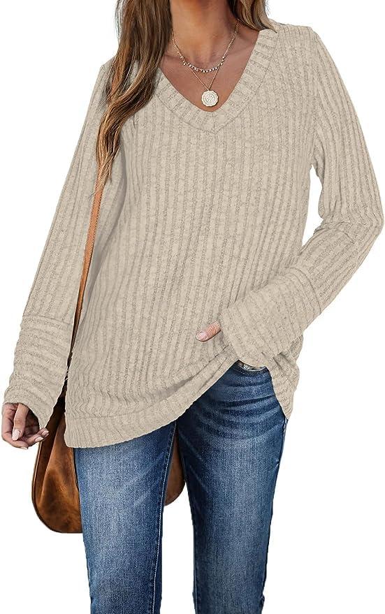 DUOEASE Felpa Donna Senza Cappuccio Maniche Lunghe Maglioni Donna Scollo a V Autunno e Inverno Albicocca-S