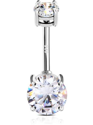 OUFER 14G 1.6 mm Belly Bars 925 Sterling Silver Internally Threaded Belly Button Bar 14K Gold Plated Navel Ring Piercings Top Double Round Crystal Jewellery for Women Men