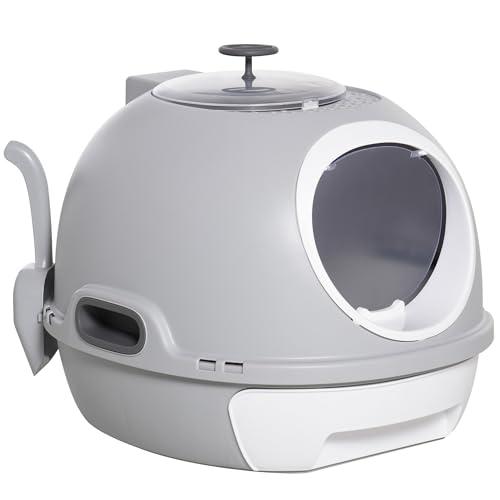 PawHut Lettiera per Gatti con Coperchio, Lettiera Gatto Chiusa con Vassoio Estraibile, 2 Ingressi e Paletta, 47x55x44cm, Grigio