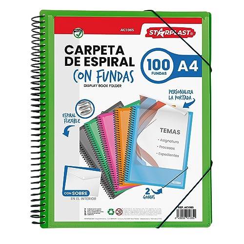 Starplast Cartella Buste Spirale Flessibile - 100 buste trasparenti, A4, chiusura elastica, copertina in polipropilene, copertina personalizzabile, per uso scolastico e ufficio - colore Verde