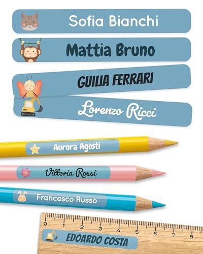 melu kids® Etichette Adesive Personalizzate Scuola [75, Blu] - Etichette Adesive per Matite e Cancelleria - Etichette Personalizzate Scuola con Nome
