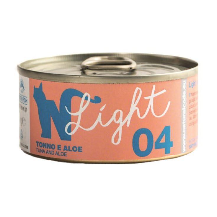 Natural Code Light Umido Gatto Adult gusto TONNO e ALOE, Numero 04, alimento completo in SFILACCETTI per gatti adulti di tutte le taglie, altamente digeribile | 12 scatolette da 70 grammi l'una.