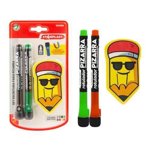 Starplast 2 pennarelli casuali lavagna bianca con magnete e gomma con magnete - 8 colori, punta rotonda 2,0 mm, colori casuali