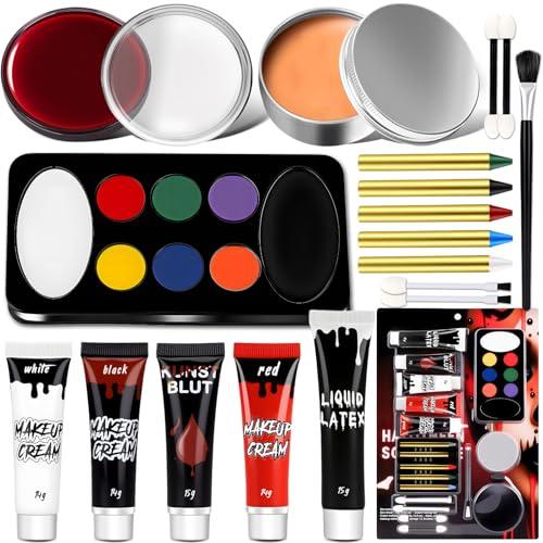 Trucchi Halloween Make up Bambini Adulti - Kit Trucco per Viso Halloween Makeup con Sangue Finto, Tavolozza Face Paint, Latex Liquido per Trucco e Cera per Cicatrici, per Trucco Vampiro Zombie