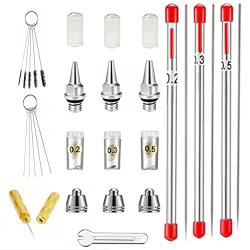 ABEST 24 pezzi Kit di ricambio per aerografo con ugello, ago, tappo ugello, mini chiave, manicotto di protezione del cappuccio pezzi di ricambio per kit di pulizia aerografo