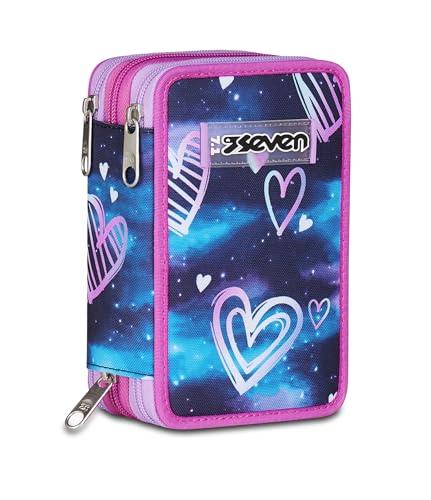 Seven Astuccio Scuola Elementare, 3 scomparti, Medie, con Matite, Pennarelli, Penne, 3 Zip, Gloomy Heart, Bambina, Ragazza, viola