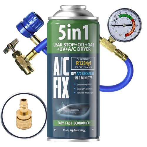 AC FIX 5-in-1 – R1234yf + Tubo flessibile + Adattatore Refrigerante per climatizzatori auto con olio, sigillante, colorante UV, essiccante – Protegge il compressore