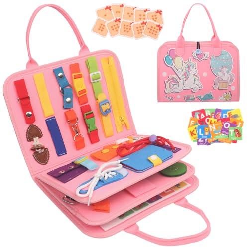 Withosent Busy Board per Bambini, 4 Strati Portatile Giochi Montessori, Rosa Pannello Sensoriale Montessori Activity Board, Giochi Educativi 3 4 Anni con Fibbie,Cerniere,Bottoni,Orologio,Alfabeto
