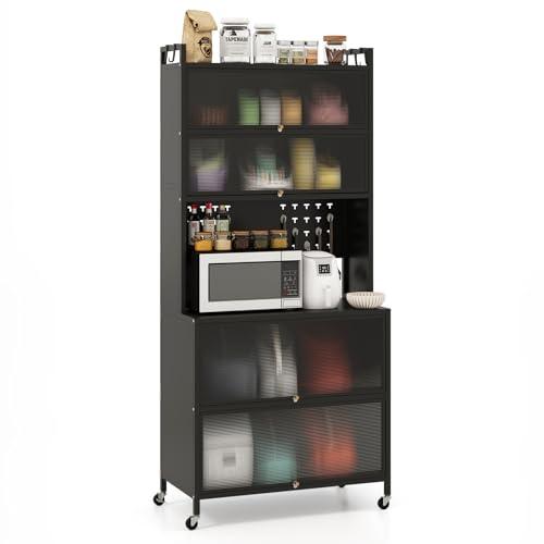 COSTWAY Credenza Alta per Cucina con 6 Ripiani e 4 Ante a Ribalta Traslucide, Mobile Cucina con Ruote e Panello a Ganci, Armadio Cucina Porta Microonde (80 x 40 x 178 cm,Nero)
