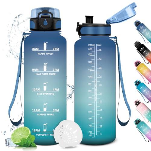 Borraccia 1.5L, Bottiglia con Filtro, Borraccia con Indicatore del Tempo Motivazionale, Bottiglia Riutilizzabile, a Prova di Perdite, Borracce per Sport, Palestra, Scuola, Gym, Ufficio, Yoga
