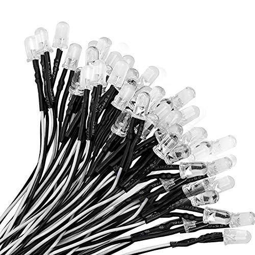YIXISI 100 Pezzi 5mm Diodo ad Emissione Luminosa LED, Precablata 12V 20cm, per Trasformazione e Illuminazione di Circuiti Automobilistici, Modellazione di Prototipi, Bianco Freddo