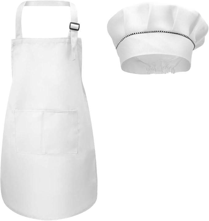 Fodlon Grembiule con tasche da cucina regolabile per bambini + cappello da chef, per la cottura al forno, pittura, Bianco, 4-12 anni