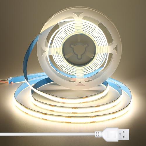 BERIXDEEP 2 Metri Striscia LED COB USB 5V, Striscia LED Bianco Naturale 8 mm larghezza, CRI 92, senza punti, Flessibile e Uniforme per Sottopensili da cucina, Specchi, Mensole, cavo 1.5m, 4000K