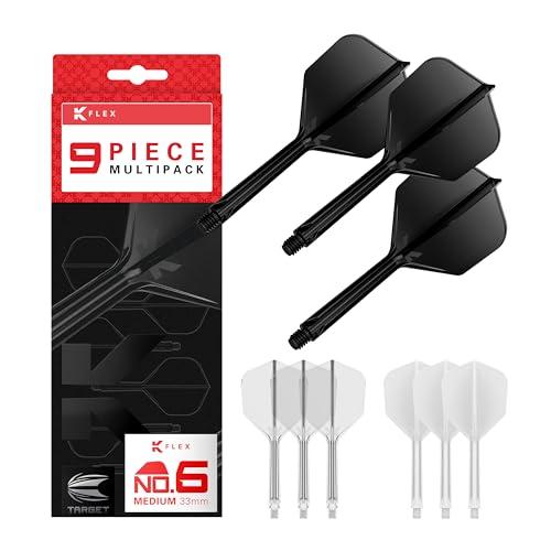 Target Darts K-Flex Integrated Dart Flights And Shafts, Stelo Medio (33mm), No.6 Flight, 9-Pack Bundle, Nero, Bianco e Trasparente | Kflex 2 in 1 Flight And STEM, Professional Darts Accessories