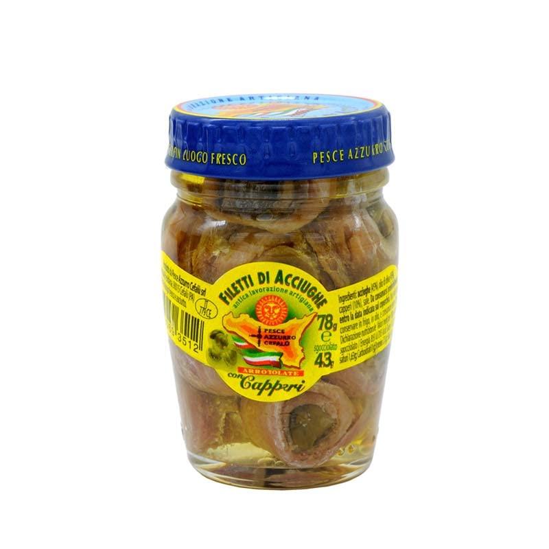 Filetti di Acciughe Arrotolate con Capperi in Olio di Oliva 78 gr