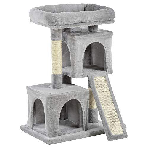 PawHut Albero Tiragraffi per Gatti Adulti e Gattini con Pali in Sisal, Lettino e 2 Casette con Rivestimento in Peluche, 59x39x83cm, Grigio Chiaro