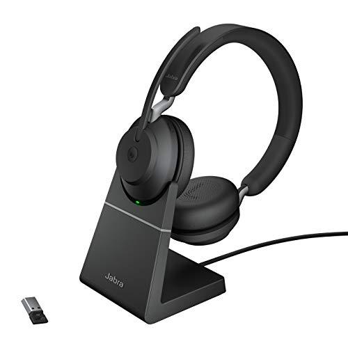 Jabra Evolve2 65 Wireless PC Headset with Charging Stand, Ottimizzato per Microsoft Teams, Dongle USB-A+supporto, Nero, Stereo